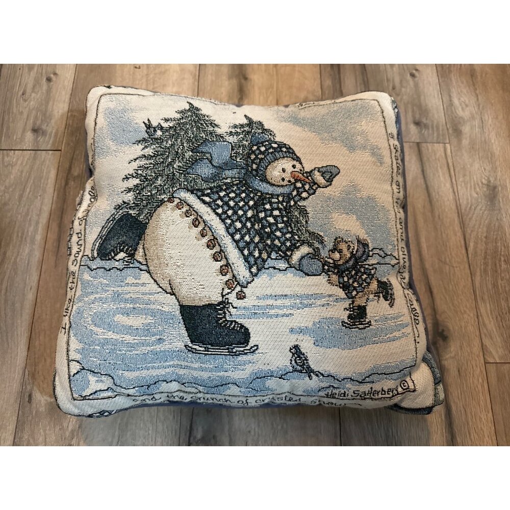 Vintage Heidi Satterberg Winter Snowman Ice Skating Pillow Blue Faded Back Mohaw